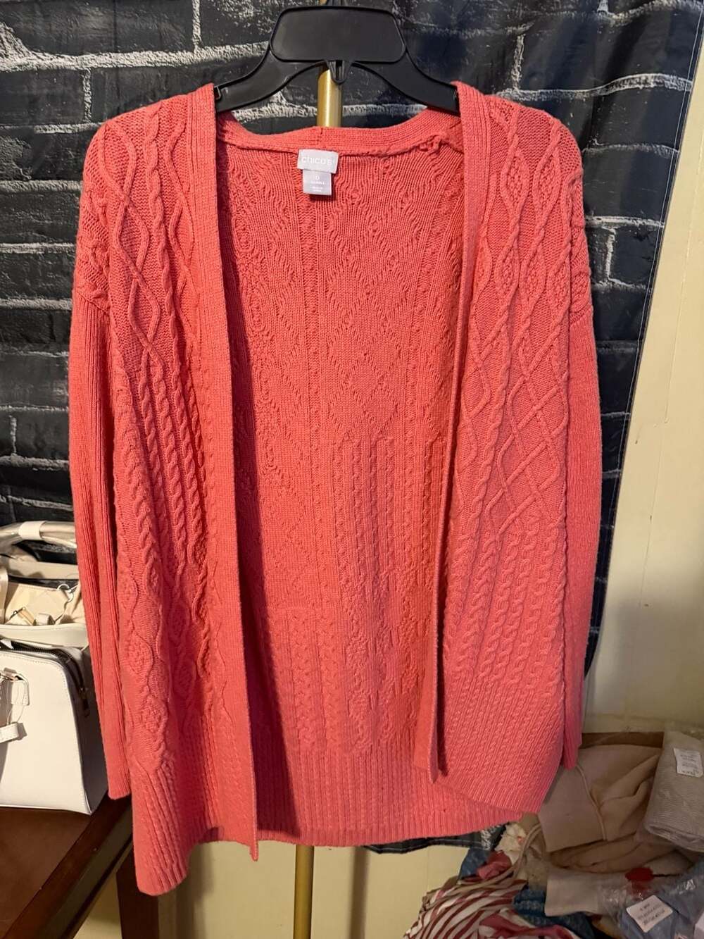 Chico's Open Front Cable Knit Cardigan Sweater Coral Pink Size 0 XS